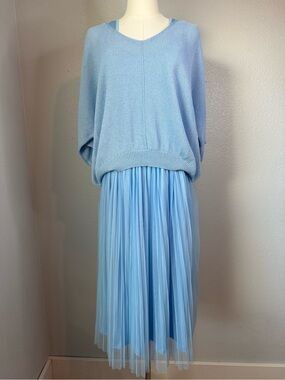 Joyfunear 2 Piece Blue Mesh Midi Dress & Knit Sweater Set Size Small